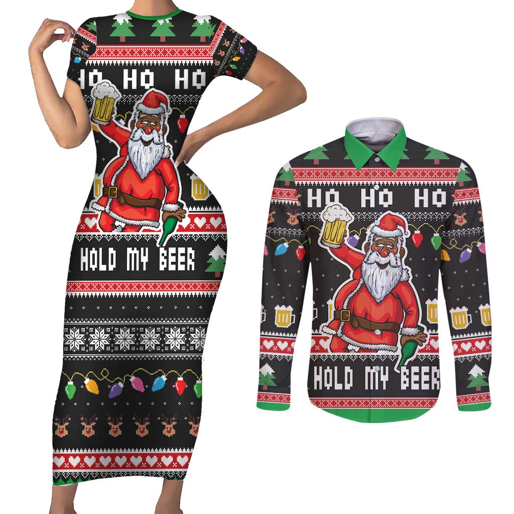 Ho Ho Ho Hold My Beer Santa African Couples Matching Short Sleeve Bodycon Dress and Long Sleeve Button Shirt Laugh With Beer On Christmas - Wonder Print Shop