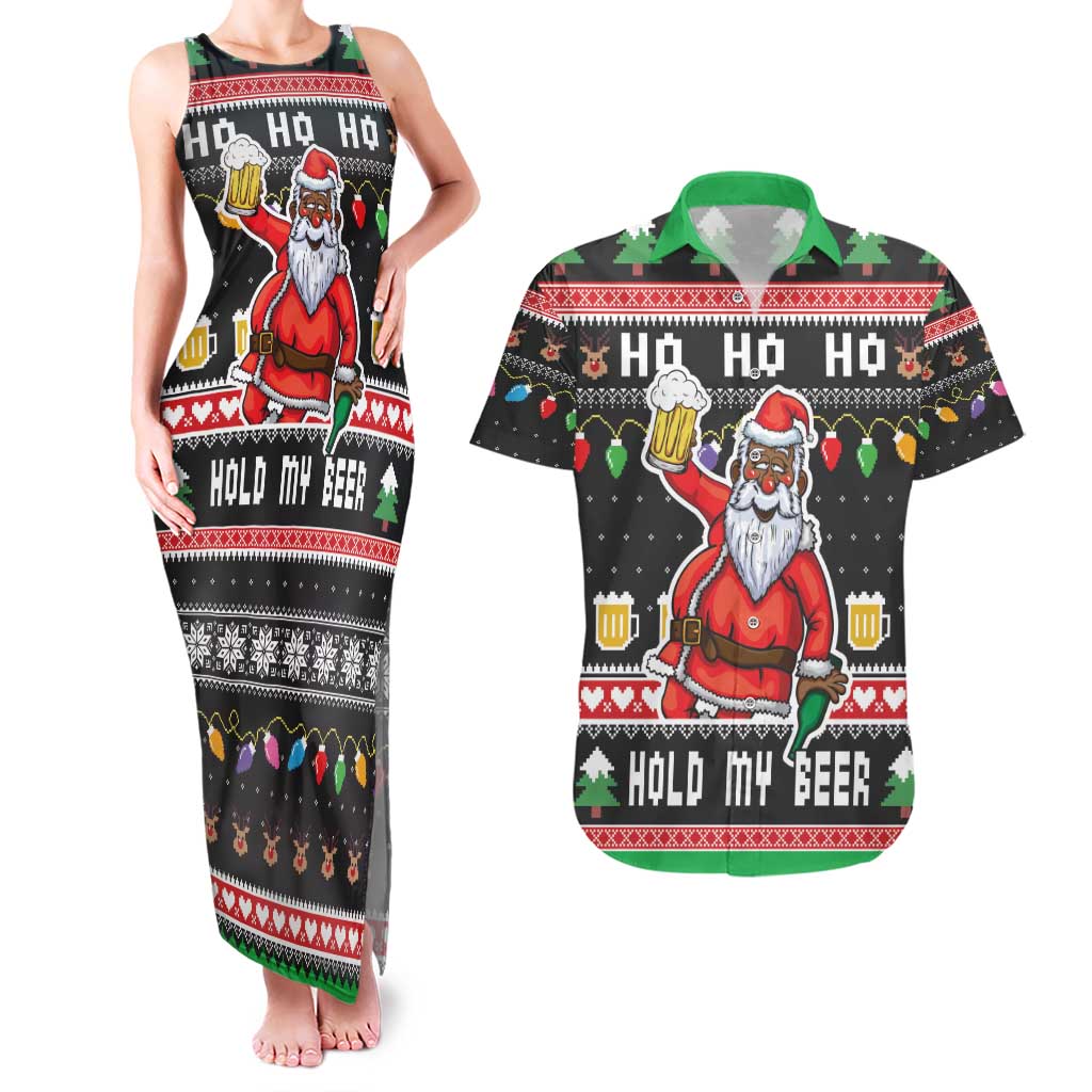 Ho Ho Ho Hold My Beer Santa African Couples Matching Tank Maxi Dress and Hawaiian Shirt Laugh With Beer On Christmas - Wonder Print Shop