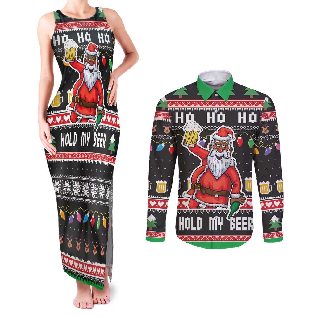Ho Ho Ho Hold My Beer Santa African Couples Matching Tank Maxi Dress and Long Sleeve Button Shirt Laugh With Beer On Christmas - Wonder Print Shop