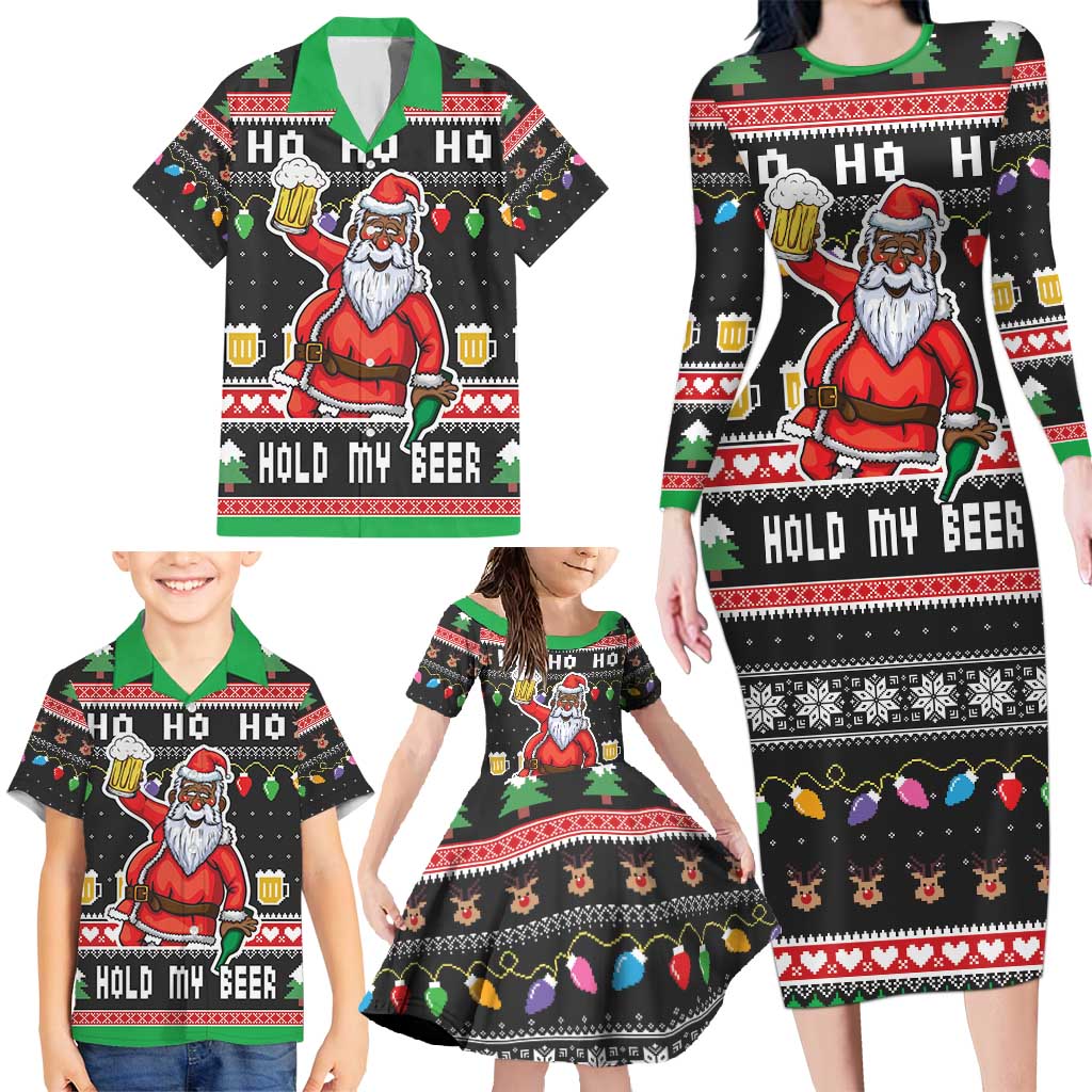 Ho Ho Ho Hold My Beer Santa African Family Matching Long Sleeve Bodycon Dress and Hawaiian Shirt Laugh With Beer On Christmas - Wonder Print Shop