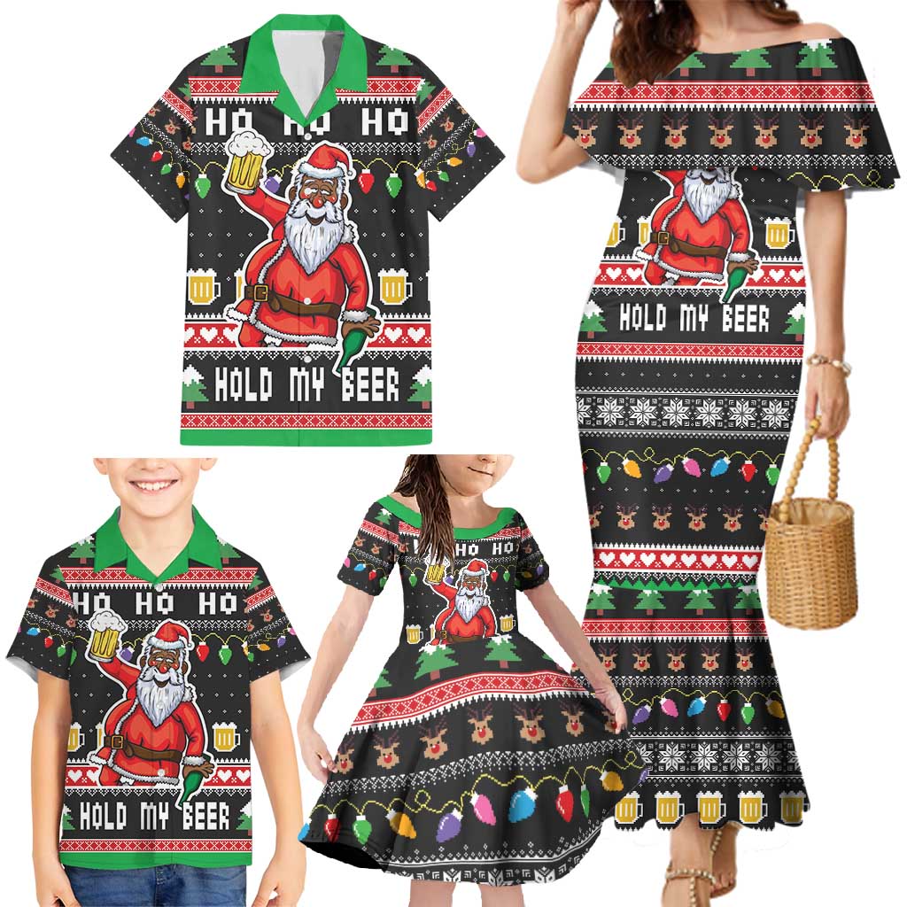 Ho Ho Ho Hold My Beer Santa African Family Matching Mermaid Dress and Hawaiian Shirt Laugh With Beer On Christmas - Wonder Print Shop