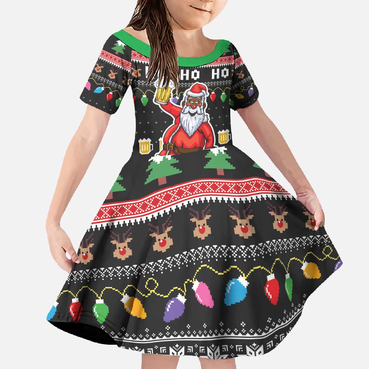 Ho Ho Ho Hold My Beer Santa African Family Matching Off The Shoulder Long Sleeve Dress and Hawaiian Shirt Laugh With Beer On Christmas - Wonder Print Shop