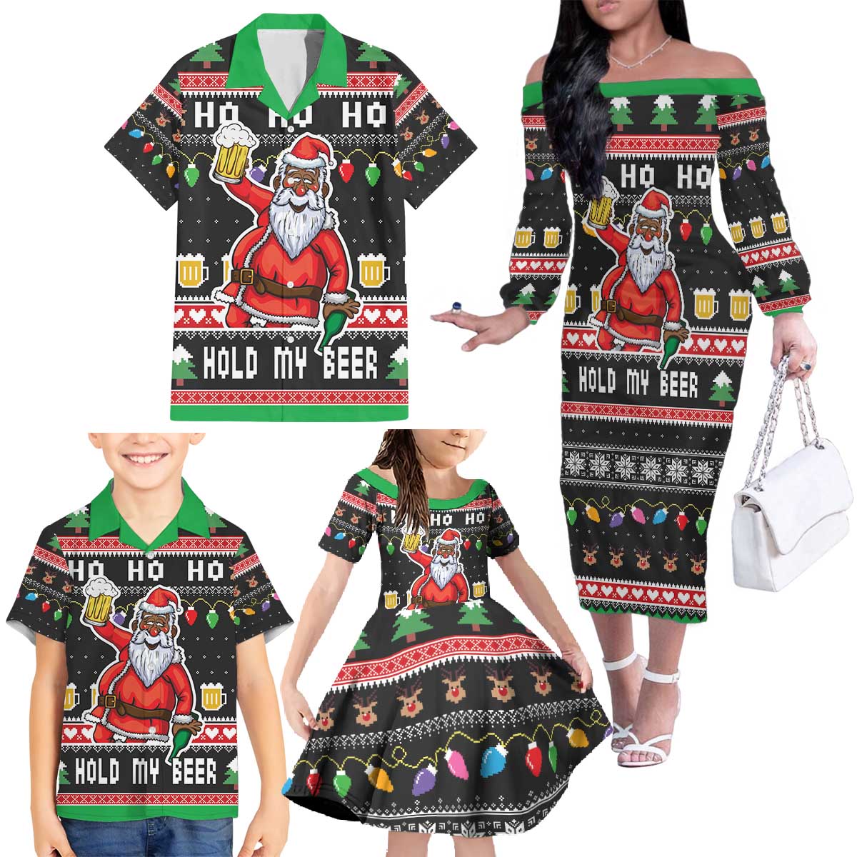 Ho Ho Ho Hold My Beer Santa African Family Matching Off The Shoulder Long Sleeve Dress and Hawaiian Shirt Laugh With Beer On Christmas - Wonder Print Shop
