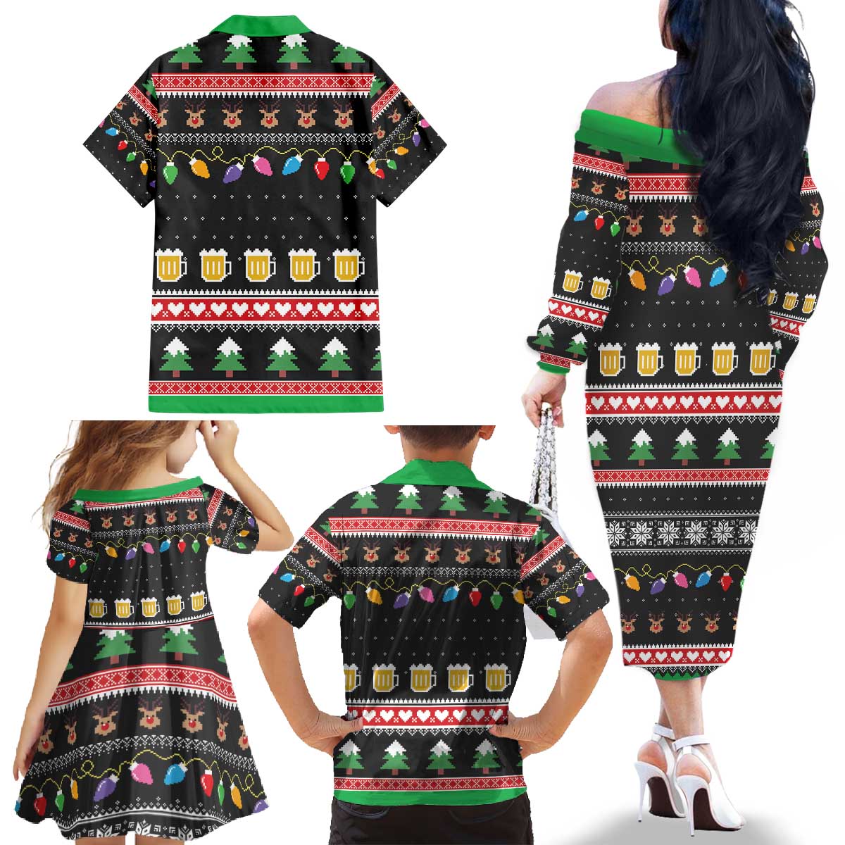 Ho Ho Ho Hold My Beer Santa African Family Matching Off The Shoulder Long Sleeve Dress and Hawaiian Shirt Laugh With Beer On Christmas - Wonder Print Shop