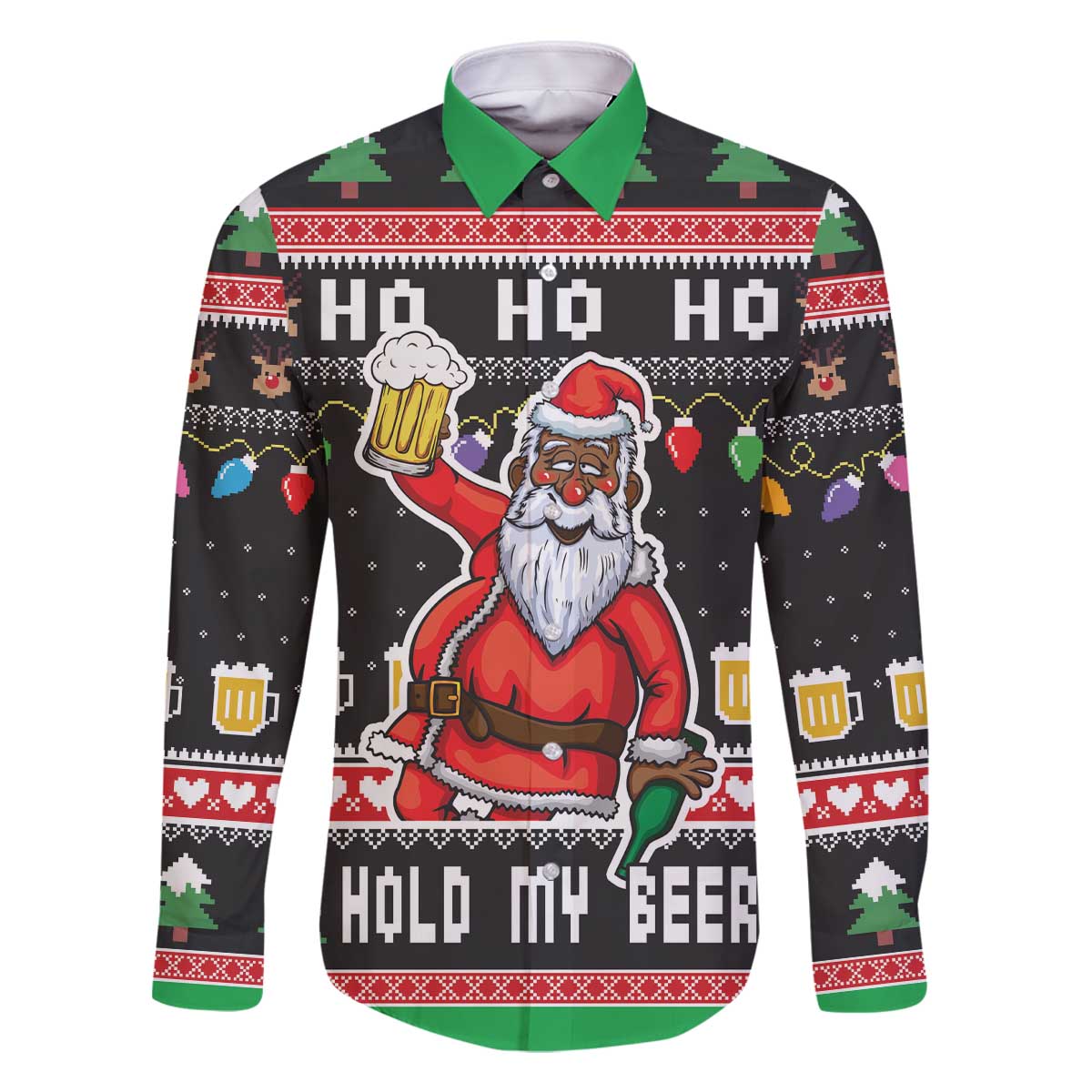 Ho Ho Ho Hold My Beer Santa African Family Matching Off The Shoulder Long Sleeve Dress and Hawaiian Shirt Laugh With Beer On Christmas - Wonder Print Shop
