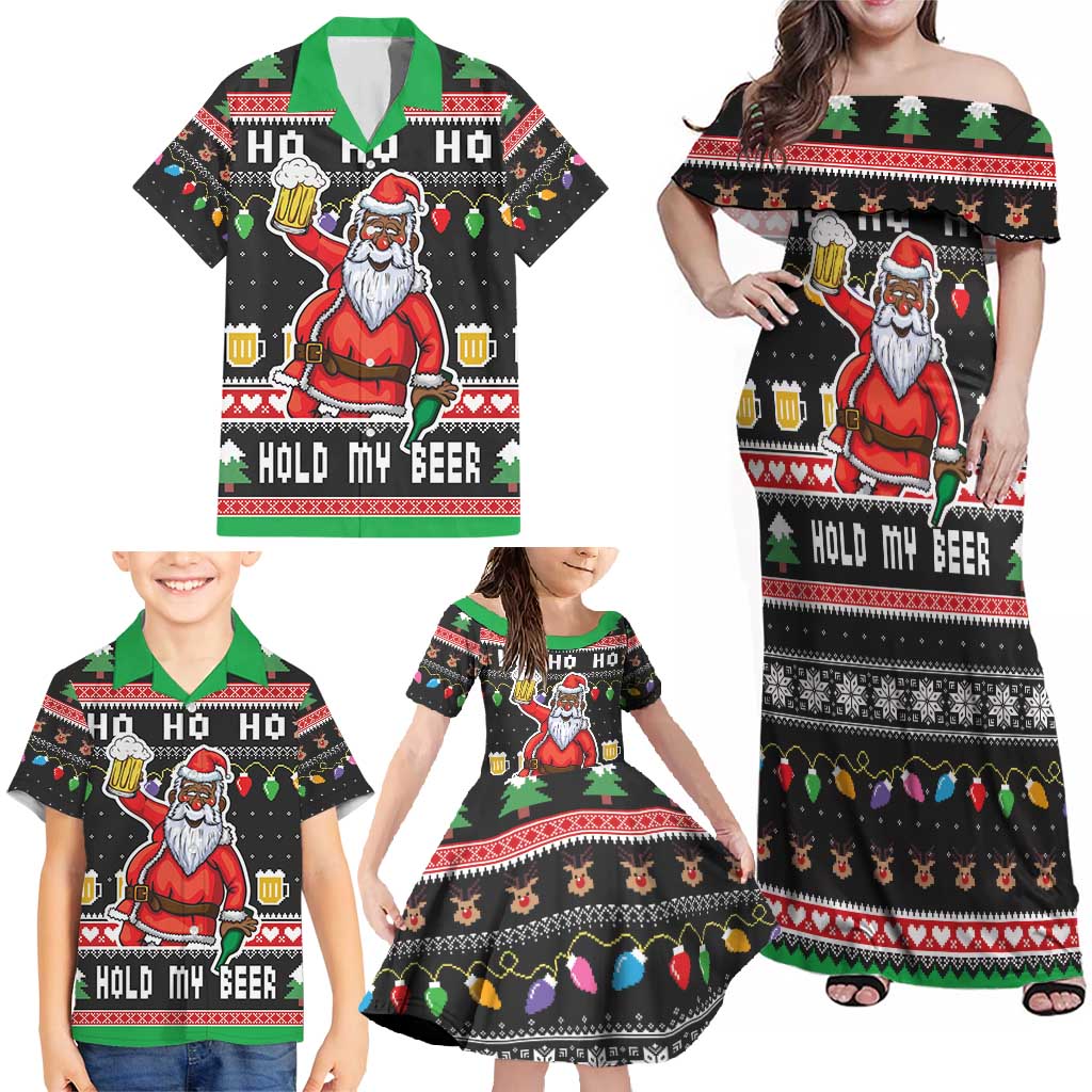 Ho Ho Ho Hold My Beer Santa African Family Matching Off Shoulder Maxi Dress and Hawaiian Shirt Laugh With Beer On Christmas - Wonder Print Shop
