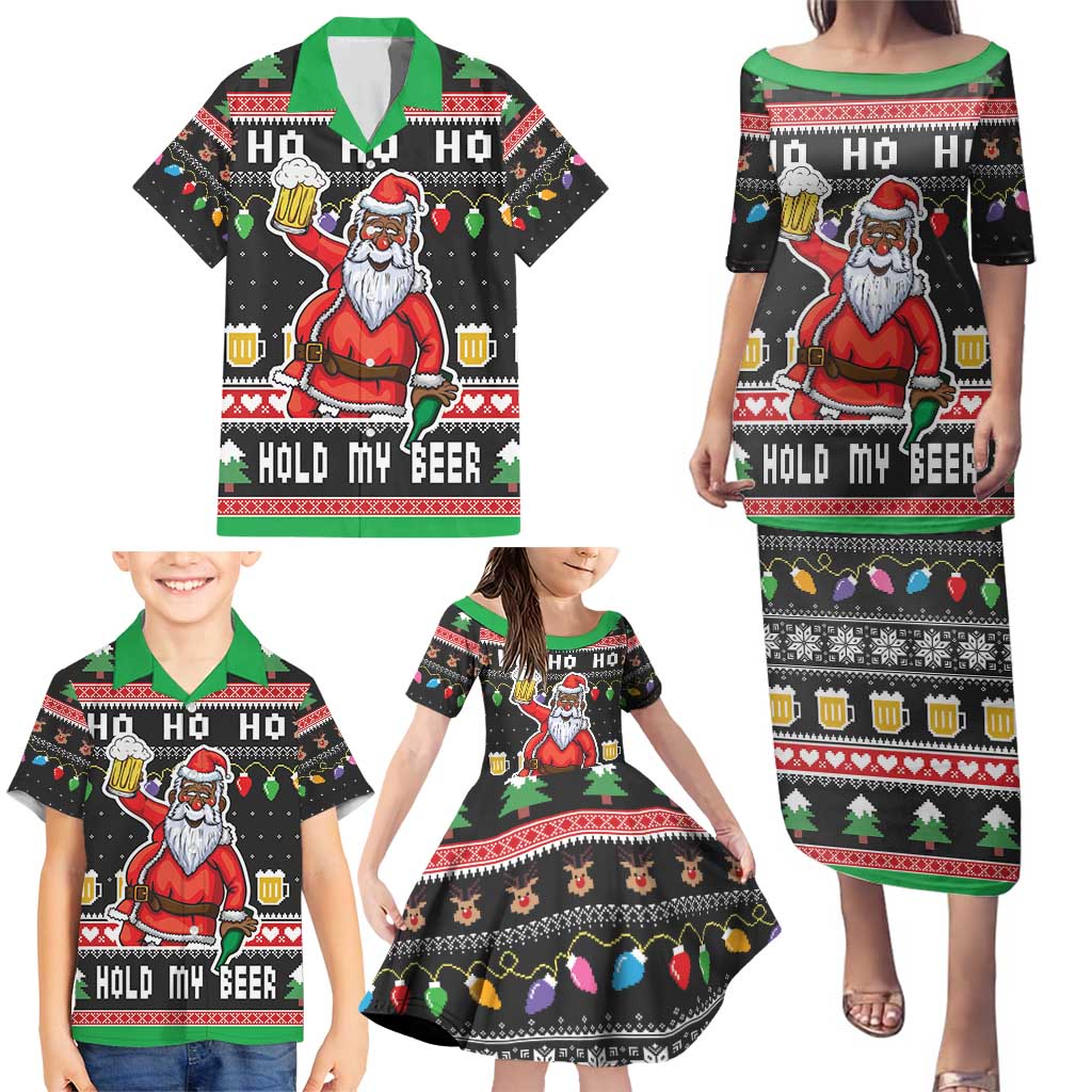 Ho Ho Ho Hold My Beer Santa African Family Matching Puletasi and Hawaiian Shirt Laugh With Beer On Christmas - Wonder Print Shop