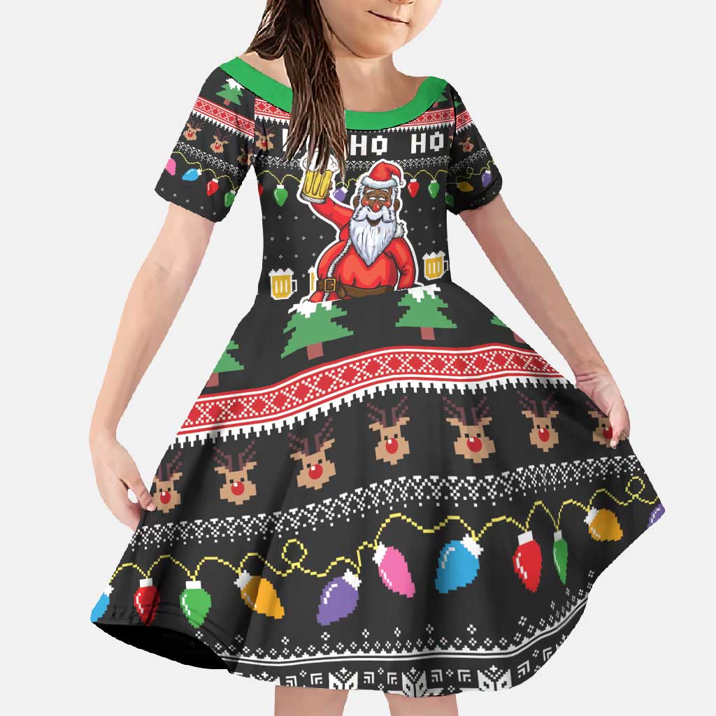 Ho Ho Ho Hold My Beer Santa African Family Matching Short Sleeve Bodycon Dress and Hawaiian Shirt Laugh With Beer On Christmas - Wonder Print Shop