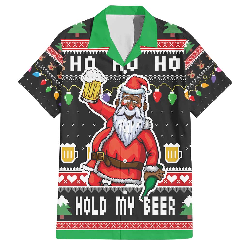 Ho Ho Ho Hold My Beer Santa African Family Matching Short Sleeve Bodycon Dress and Hawaiian Shirt Laugh With Beer On Christmas - Wonder Print Shop