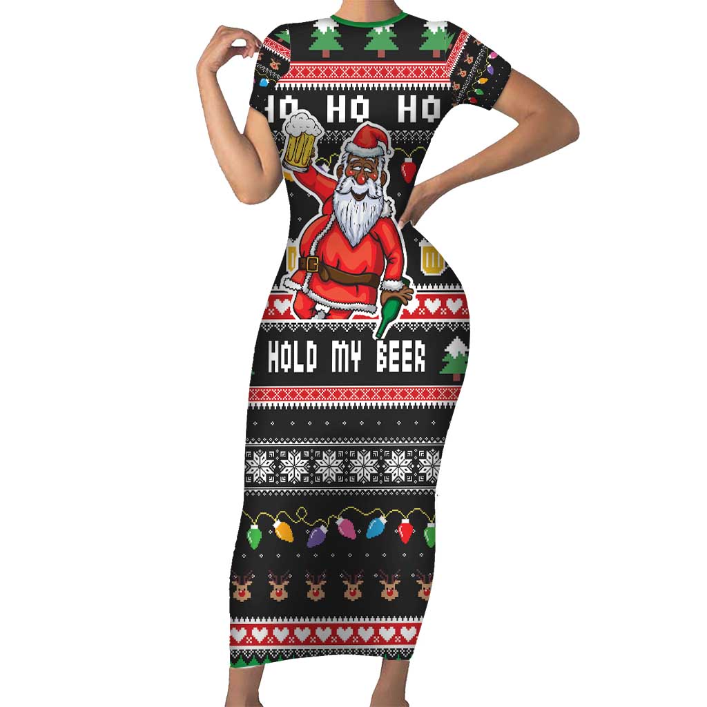 Ho Ho Ho Hold My Beer Santa African Family Matching Short Sleeve Bodycon Dress and Hawaiian Shirt Laugh With Beer On Christmas - Wonder Print Shop