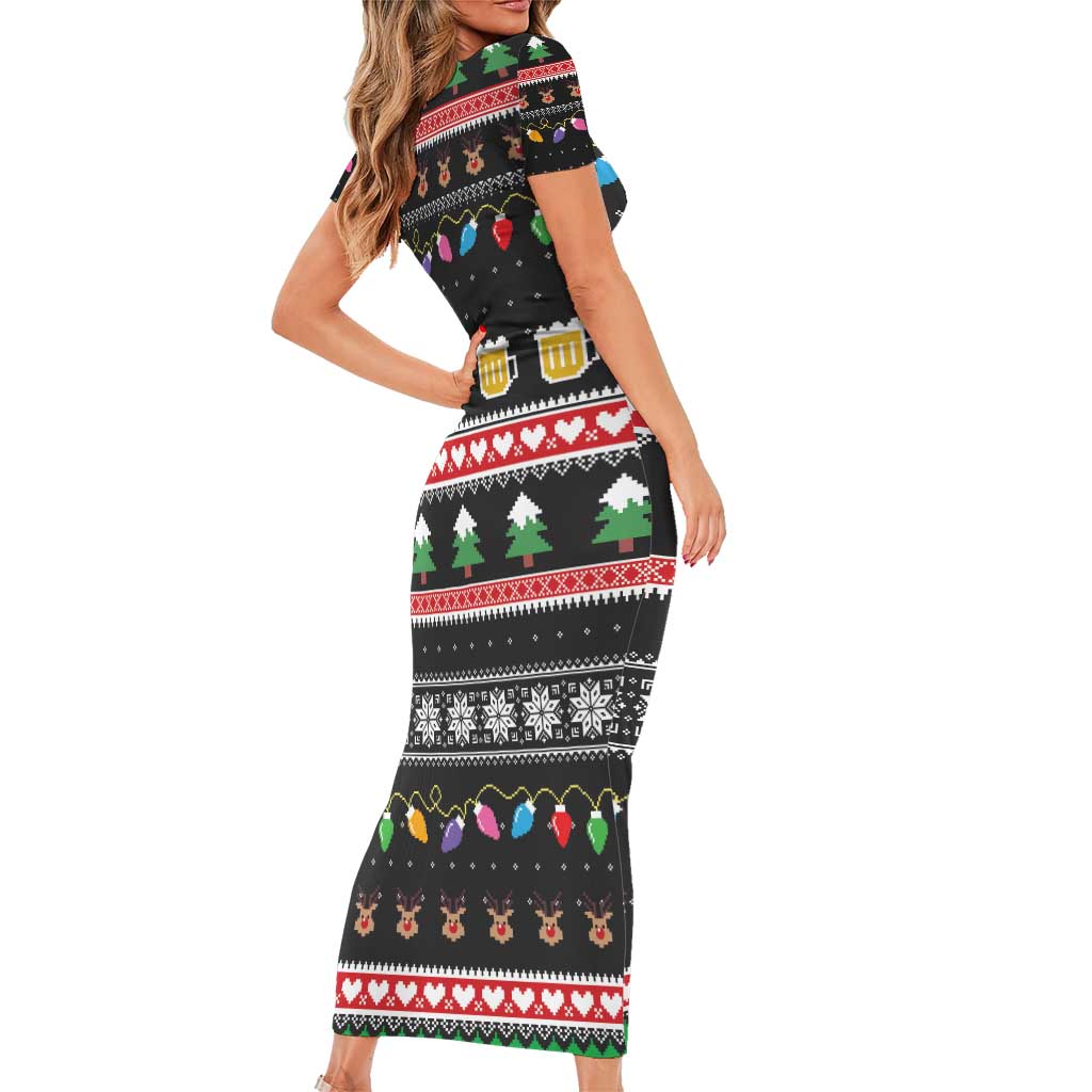 Ho Ho Ho Hold My Beer Santa African Family Matching Short Sleeve Bodycon Dress and Hawaiian Shirt Laugh With Beer On Christmas - Wonder Print Shop
