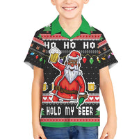 Ho Ho Ho Hold My Beer Santa African Family Matching Short Sleeve Bodycon Dress and Hawaiian Shirt Laugh With Beer On Christmas - Wonder Print Shop