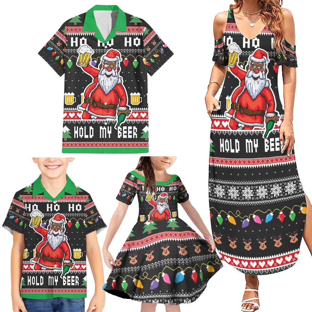 Ho Ho Ho Hold My Beer Santa African Family Matching Summer Maxi Dress and Hawaiian Shirt Laugh With Beer On Christmas - Wonder Print Shop