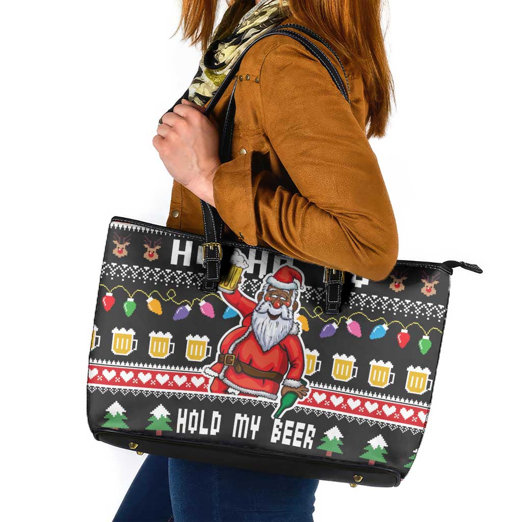 Ho Ho Ho Hold My Beer Santa African Leather Tote Bag Laugh With Beer On Christmas - Wonder Print Shop
