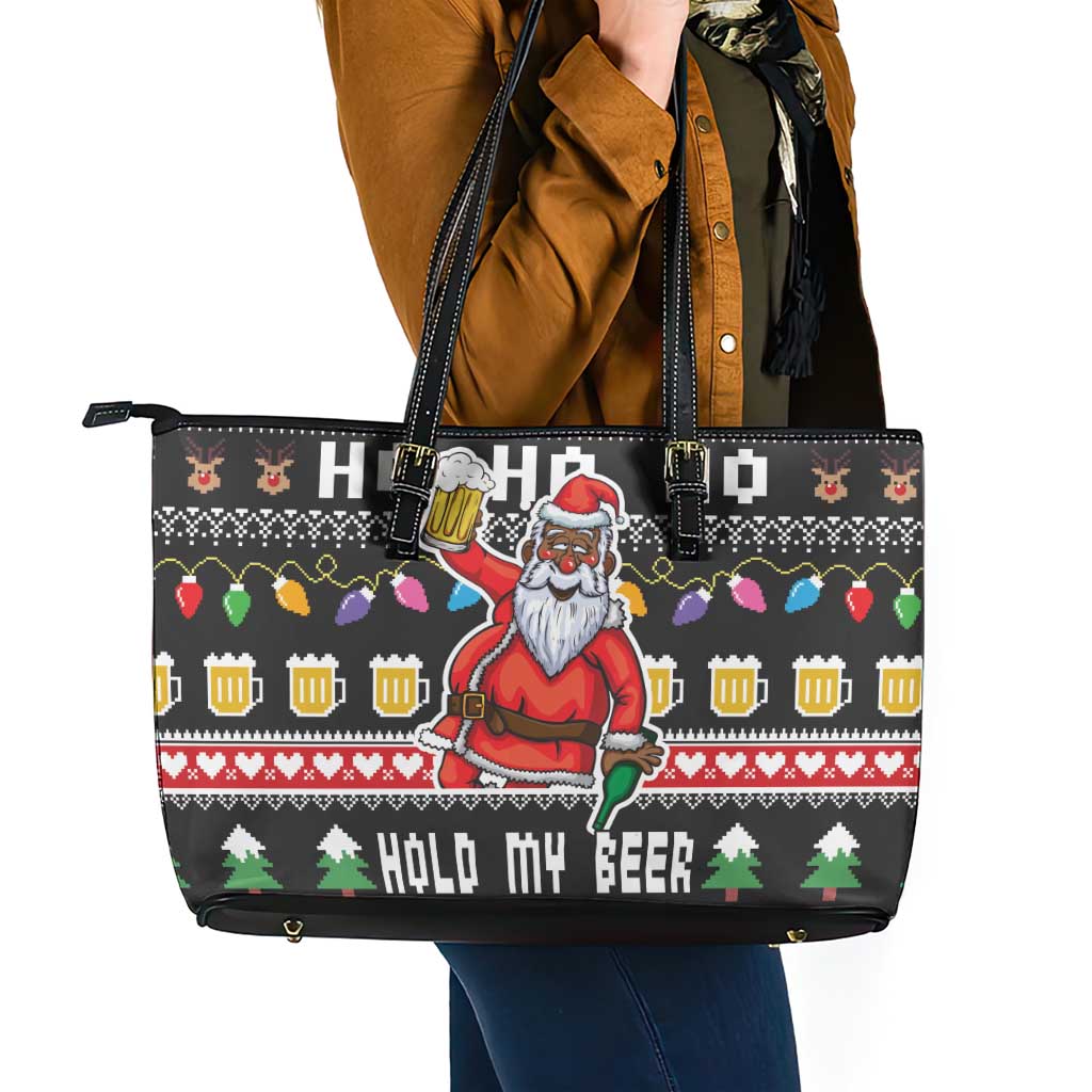 Ho Ho Ho Hold My Beer Santa African Leather Tote Bag Laugh With Beer On Christmas - Wonder Print Shop