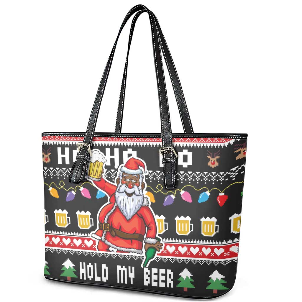 Ho Ho Ho Hold My Beer Santa African Leather Tote Bag Laugh With Beer On Christmas - Wonder Print Shop