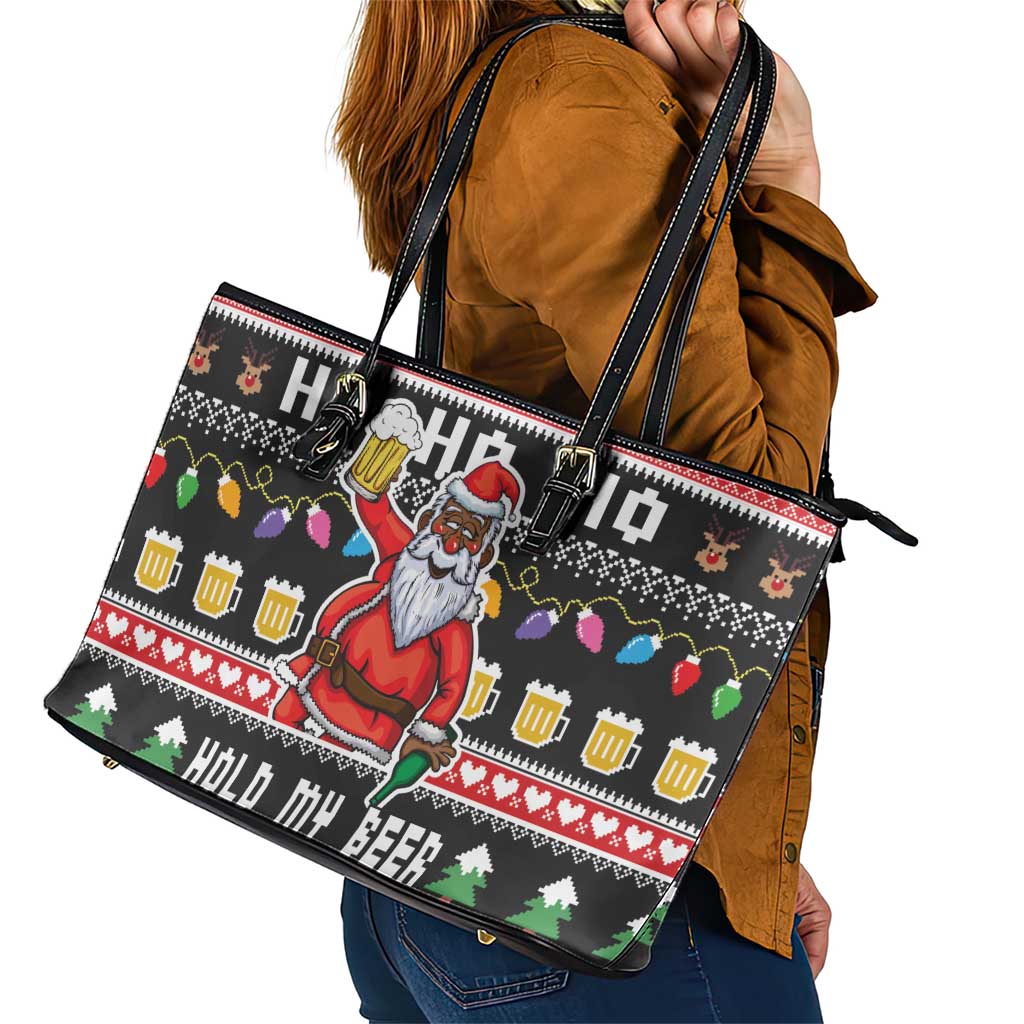 Ho Ho Ho Hold My Beer Santa African Leather Tote Bag Laugh With Beer On Christmas - Wonder Print Shop