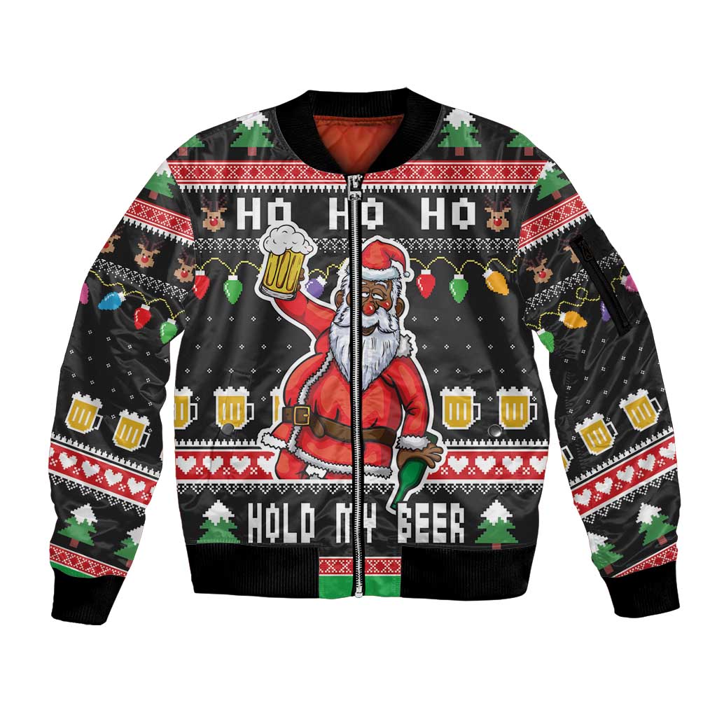 Ho Ho Ho Hold My Beer Santa African Sleeve Zip Bomber Jacket Laugh With Beer On Christmas - Wonder Print Shop
