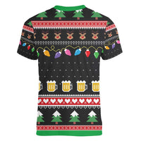 Ho Ho Ho Hold My Beer Santa African Women V-Neck T-Shirt Laugh With Beer On Christmas - Wonder Print Shop