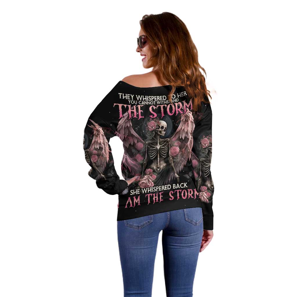 I Am The Storm Skeleton Roses Wings Off Shoulder Sweater Skull Art - Wonder Print Shop