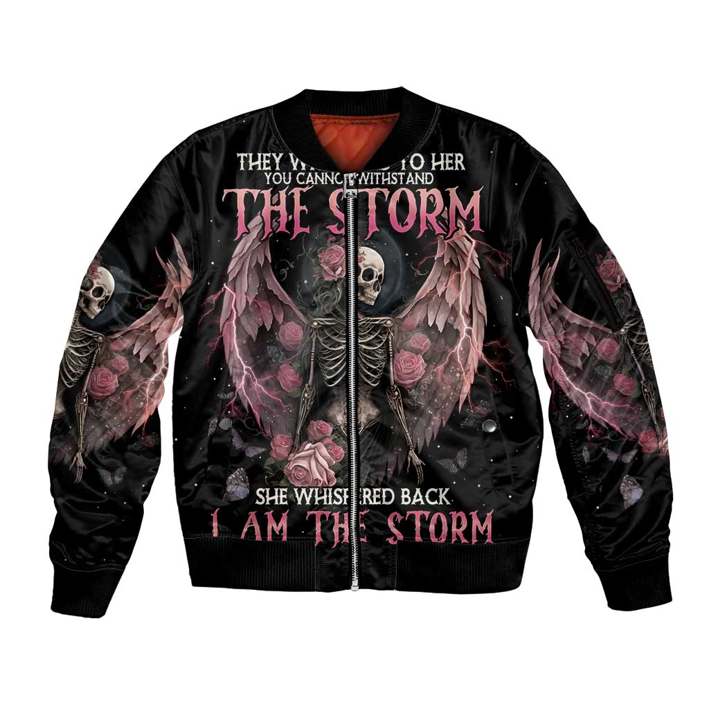 I Am The Storm Skeleton Roses Wings Sleeve Zip Bomber Jacket Skull Art - Wonder Print Shop