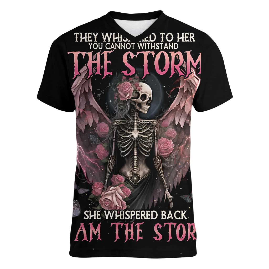I Am The Storm Skeleton Roses Wings Women V-Neck T-Shirt Skull Art - Wonder Print Shop