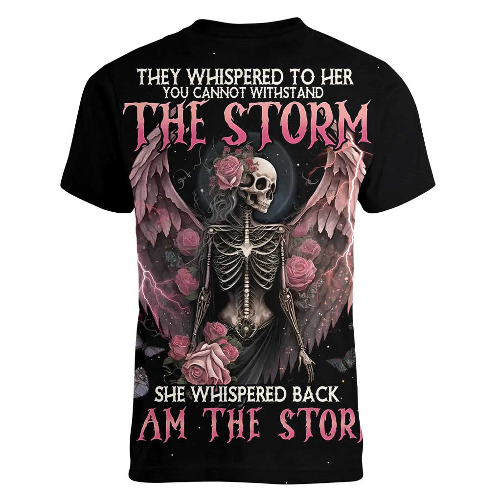 I Am The Storm Skeleton Roses Wings Women V-Neck T-Shirt Skull Art - Wonder Print Shop