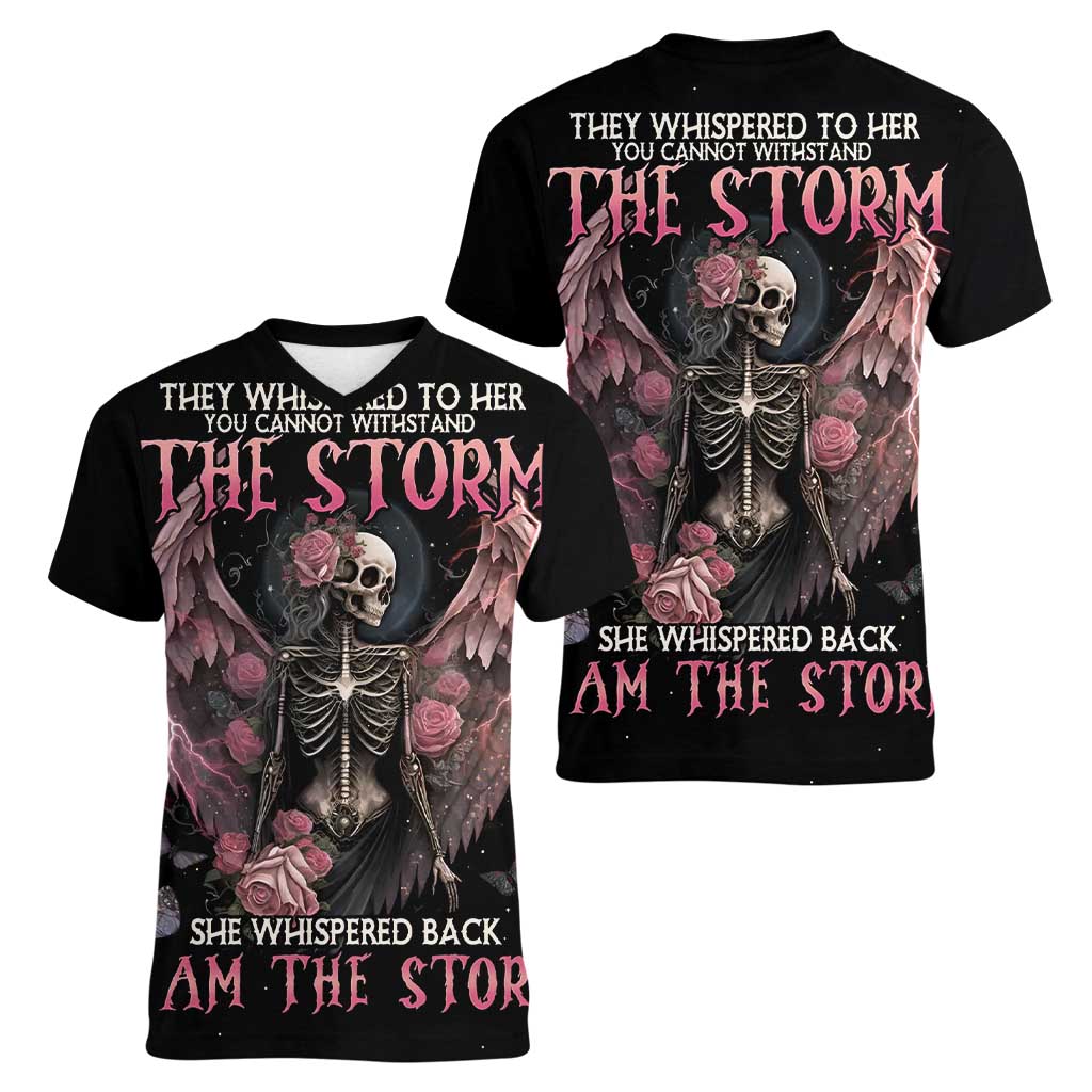 I Am The Storm Skeleton Roses Wings Women V-Neck T-Shirt Skull Art - Wonder Print Shop