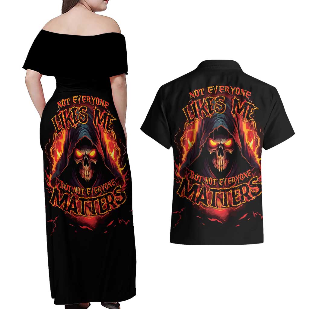 Not Everyone Likes Me Skull Reaper Couples Matching Off Shoulder Maxi Dress and Hawaiian Shirt - Wonder Print Shop