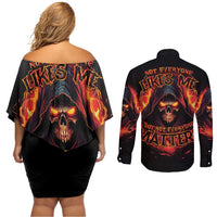 Not Everyone Likes Me Skull Reaper Couples Matching Off Shoulder Short Dress and Long Sleeve Button Shirt - Wonder Print Shop