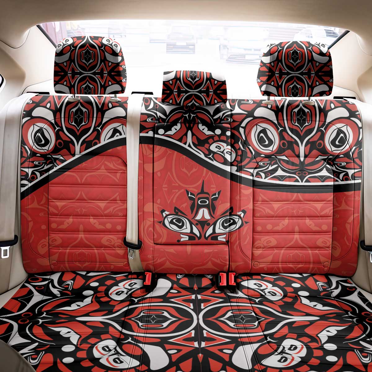 Canada Day Back Car Seat Cover Haida Maple Leaf Style Tattoo Red