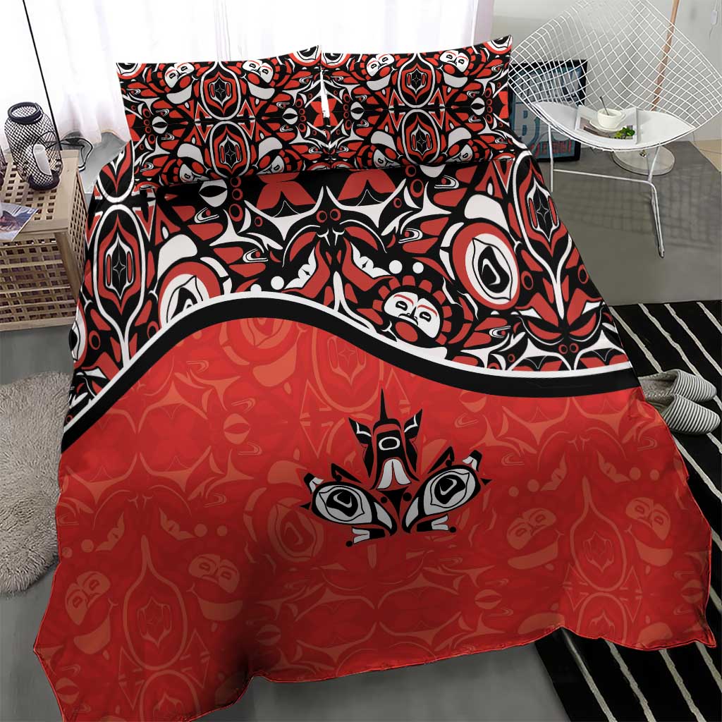 Canada Day Bedding Set Haida Maple Leaf Style Tattoo Red