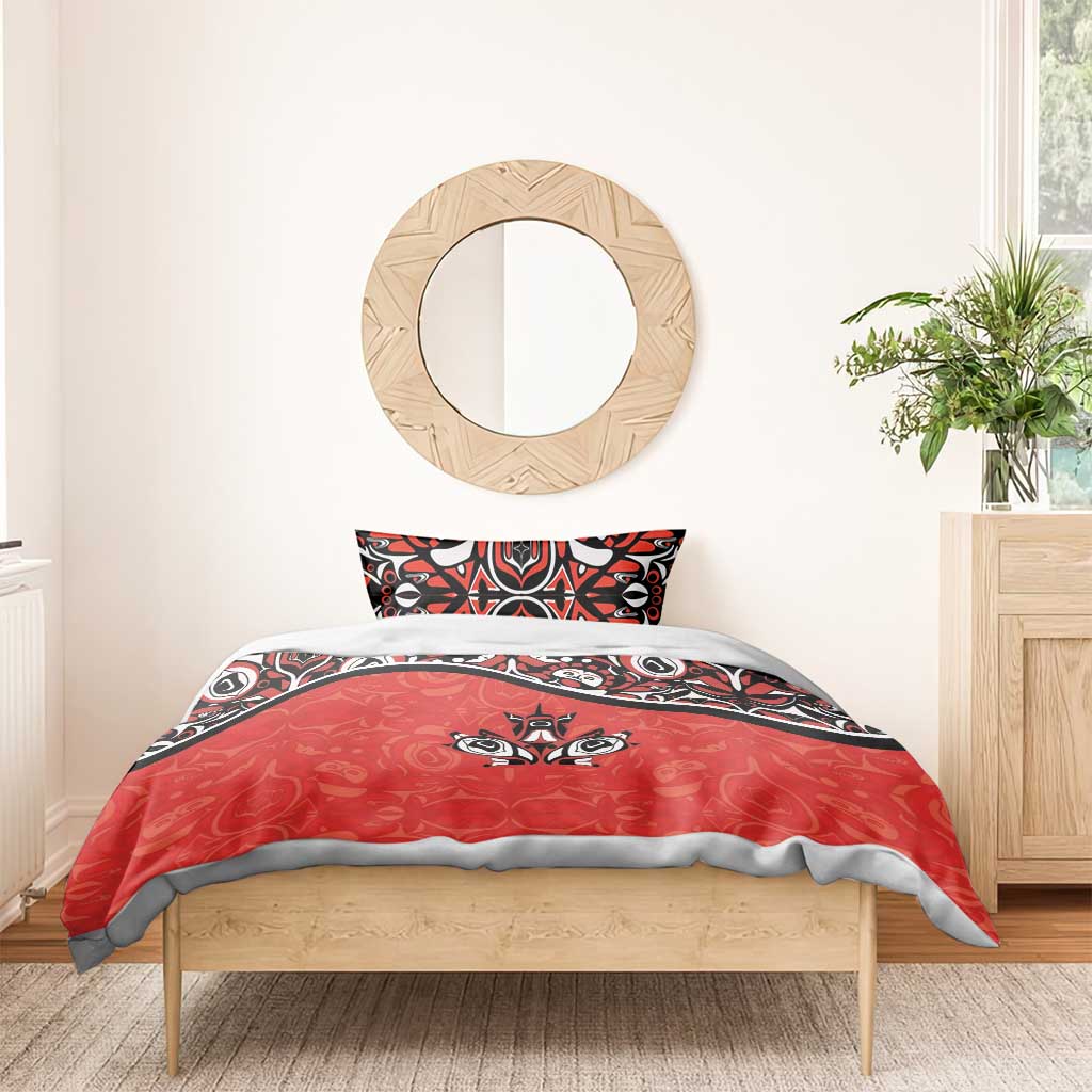 Canada Day Bedding Set Haida Maple Leaf Style Tattoo Red