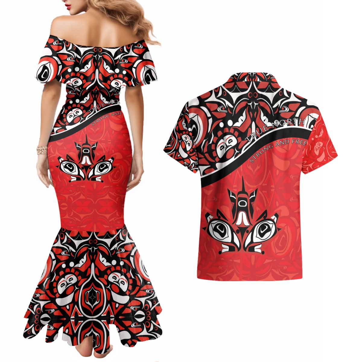 Canada Day Couples Matching Mermaid Dress and Hawaiian Shirt Haida Maple Leaf Style Tattoo Red