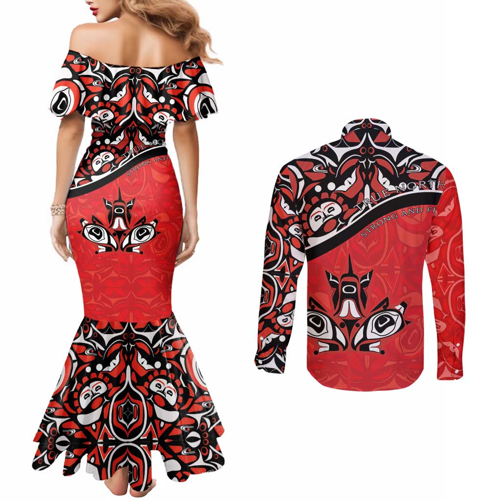 Canada Day Couples Matching Mermaid Dress and Long Sleeve Button Shirt Haida Maple Leaf Style Tattoo Red
