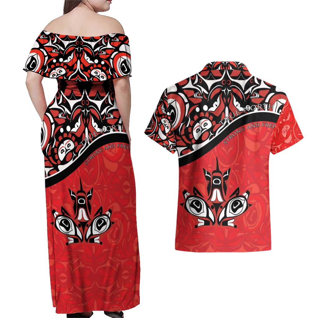 Canada Day Couples Matching Off Shoulder Maxi Dress and Hawaiian Shirt Haida Maple Leaf Style Tattoo Red
