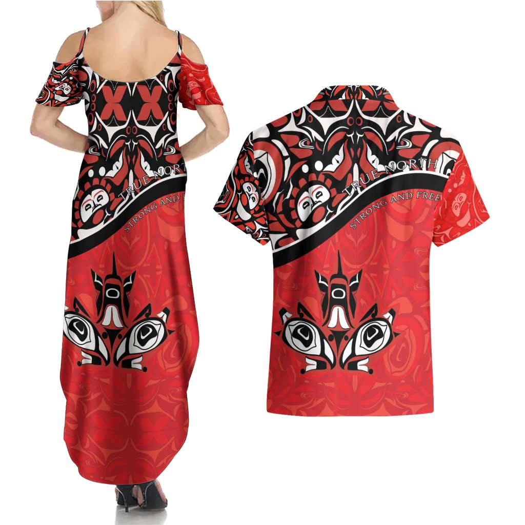 Canada Day Couples Matching Summer Maxi Dress and Hawaiian Shirt Haida Maple Leaf Style Tattoo Red