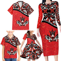 Canada Day Family Matching Long Sleeve Bodycon Dress and Hawaiian Shirt Haida Maple Leaf Style Tattoo Red