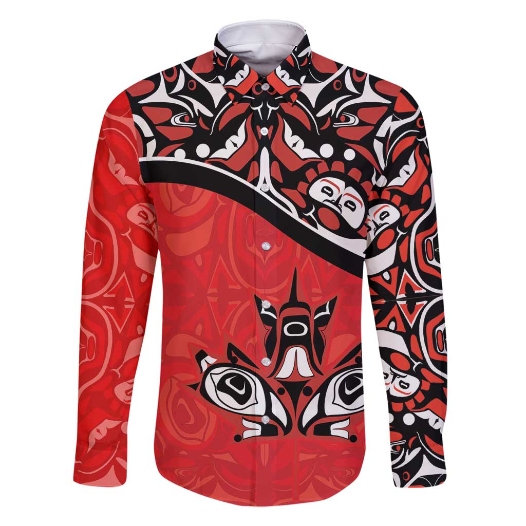 Canada Day Family Matching Off Shoulder Maxi Dress and Hawaiian Shirt Haida Maple Leaf Style Tattoo Red