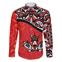 Canada Day Family Matching Off Shoulder Maxi Dress and Hawaiian Shirt Haida Maple Leaf Style Tattoo Red