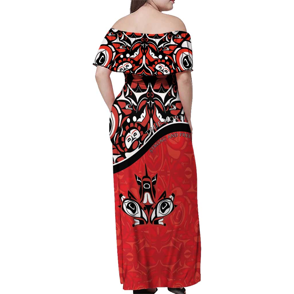 Canada Day Family Matching Off Shoulder Maxi Dress and Hawaiian Shirt Haida Maple Leaf Style Tattoo Red