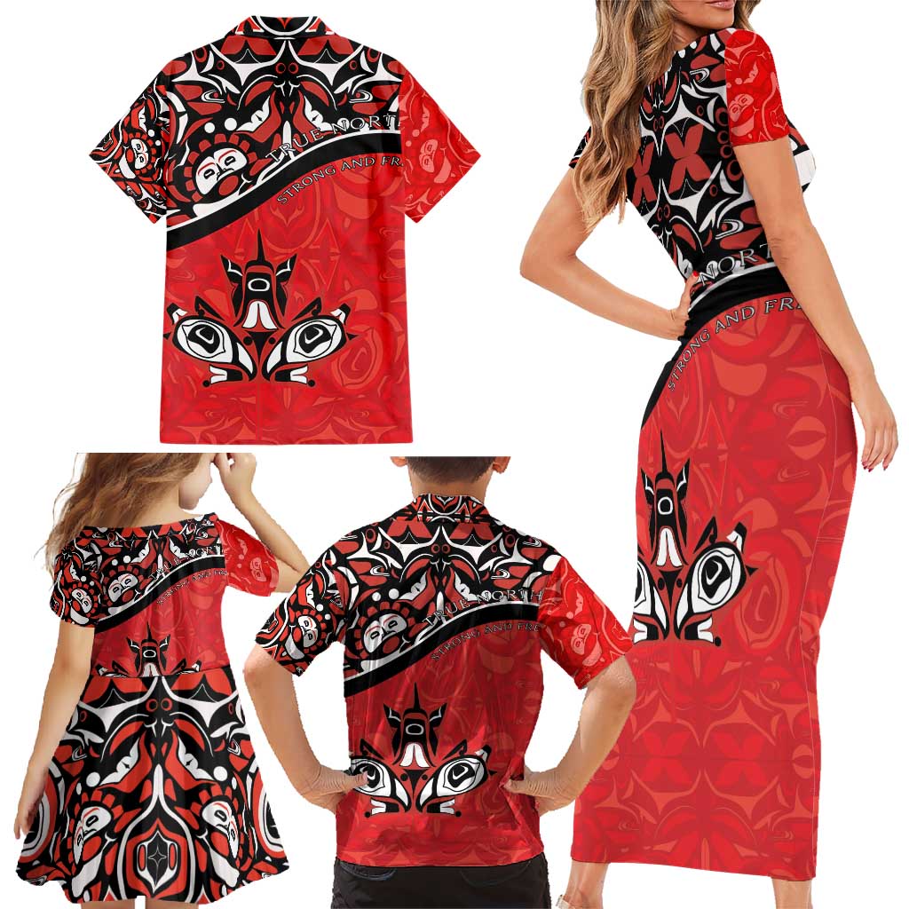 Canada Day Family Matching Short Sleeve Bodycon Dress and Hawaiian Shirt Haida Maple Leaf Style Tattoo Red
