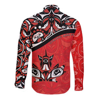 Canada Day Long Sleeve Button Shirt Haida Maple Leaf Style Tattoo Red
