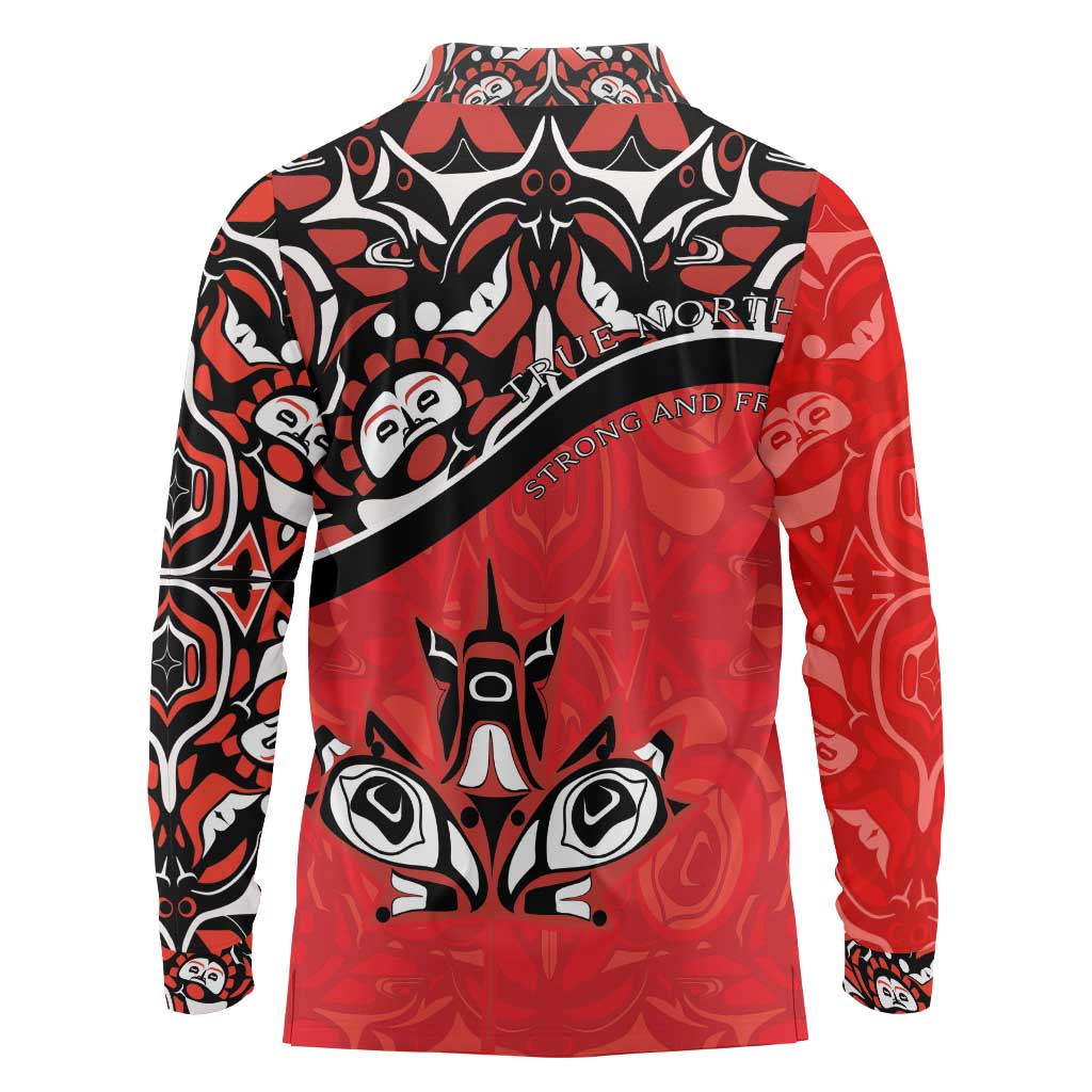 Canada Day Long Sleeve Polo Shirt Haida Maple Leaf Style Tattoo Red - Wonder Print Shop