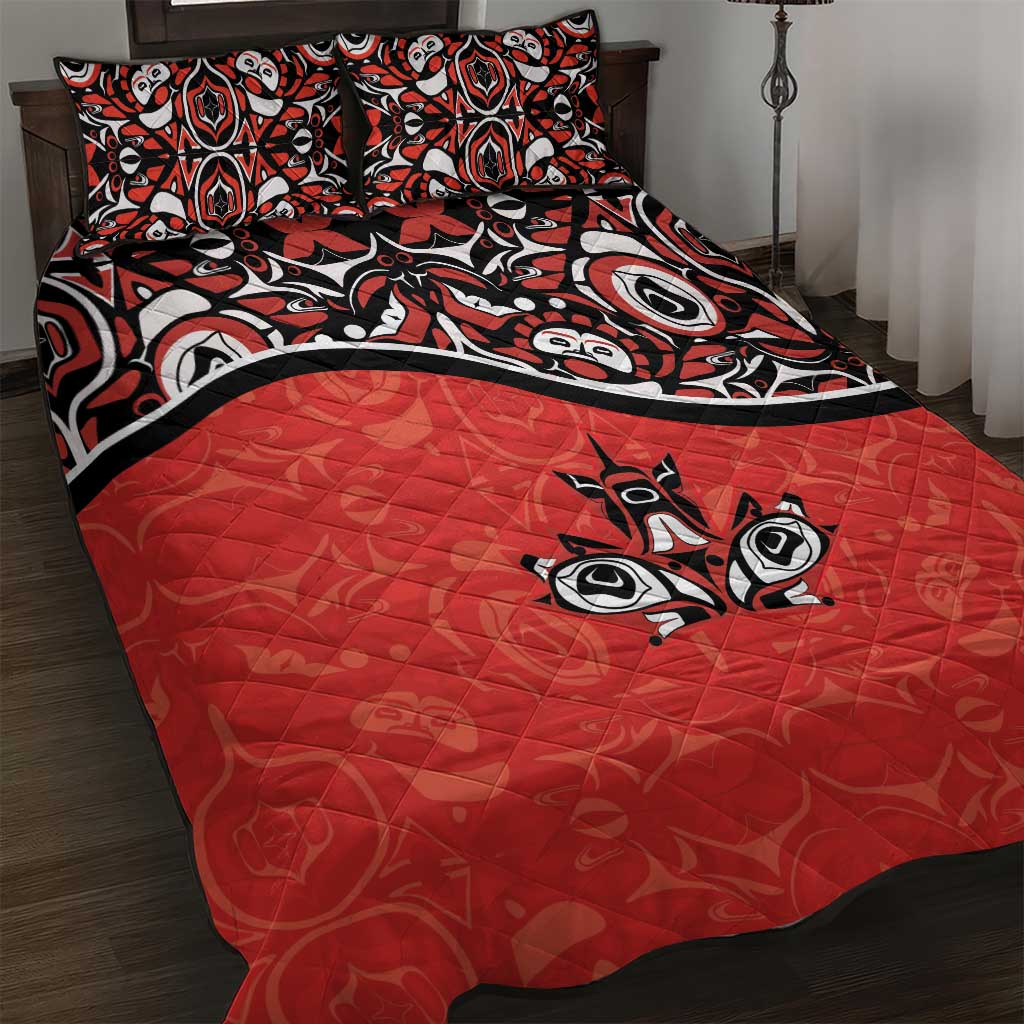 Canada Day Quilt Bed Set Haida Maple Leaf Style Tattoo Red - Wonder Print Shop
