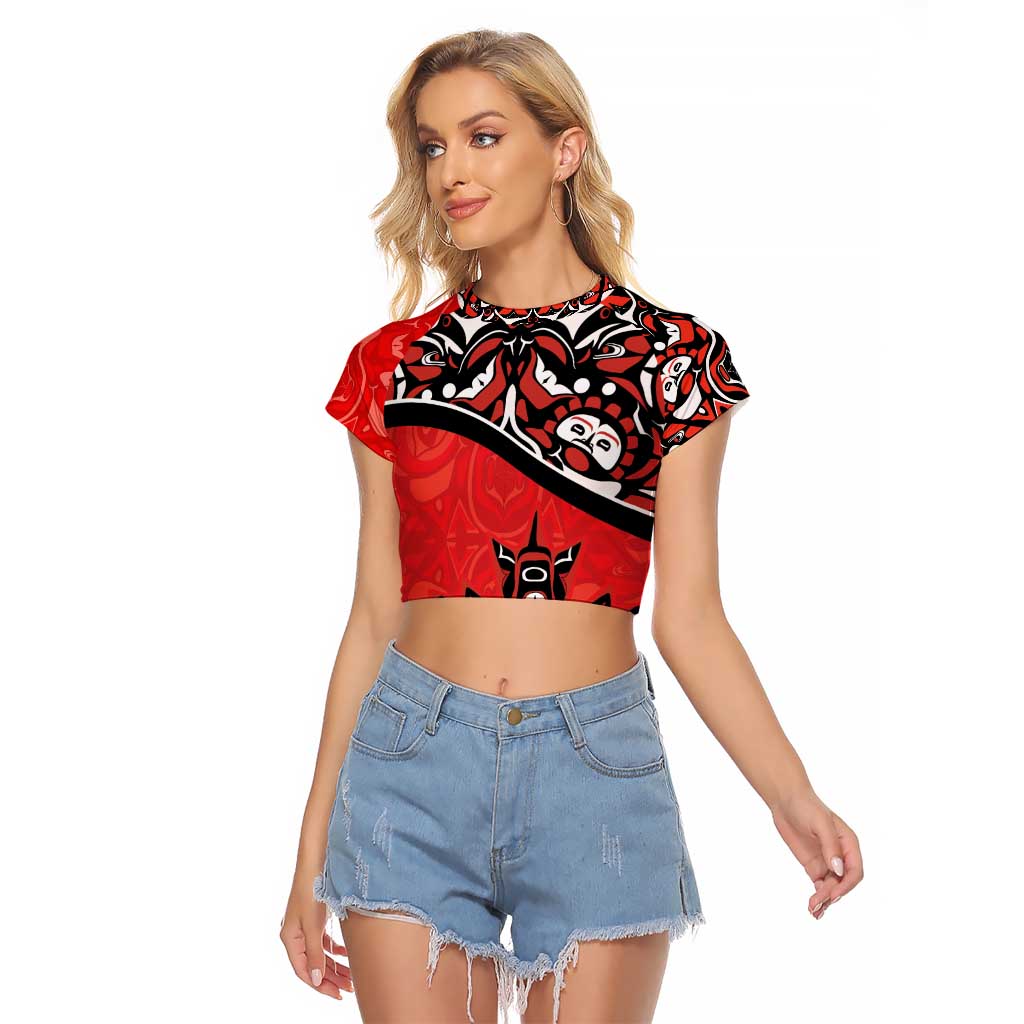 Canada Day Raglan Cropped T Shirt Haida Maple Leaf Style Tattoo Red - Wonder Print Shop