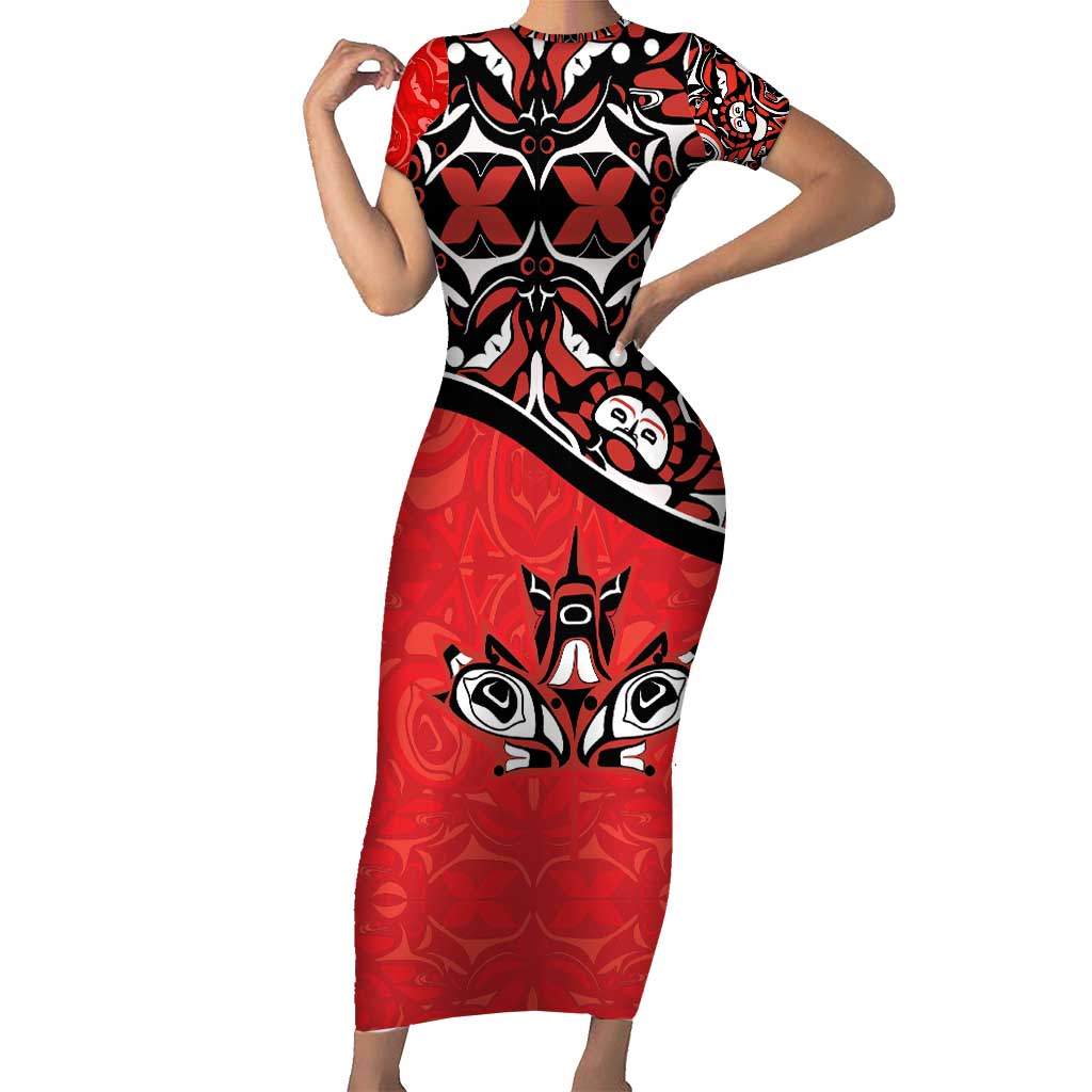 Canada Day Short Sleeve Bodycon Dress Haida Maple Leaf Style Tattoo Red - Wonder Print Shop
