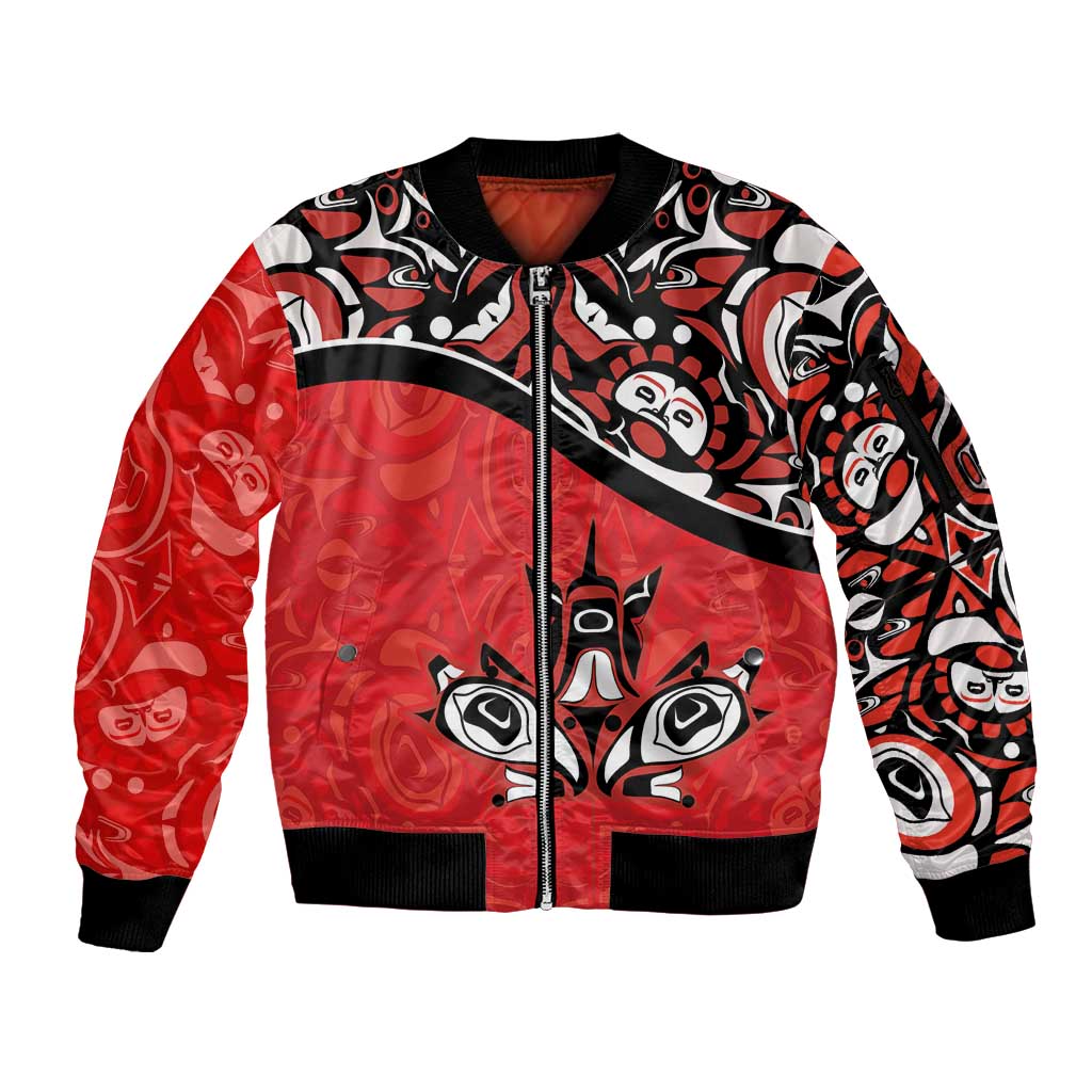 Canada Day Sleeve Zip Bomber Jacket Haida Maple Leaf Style Tattoo Red - Wonder Print Shop