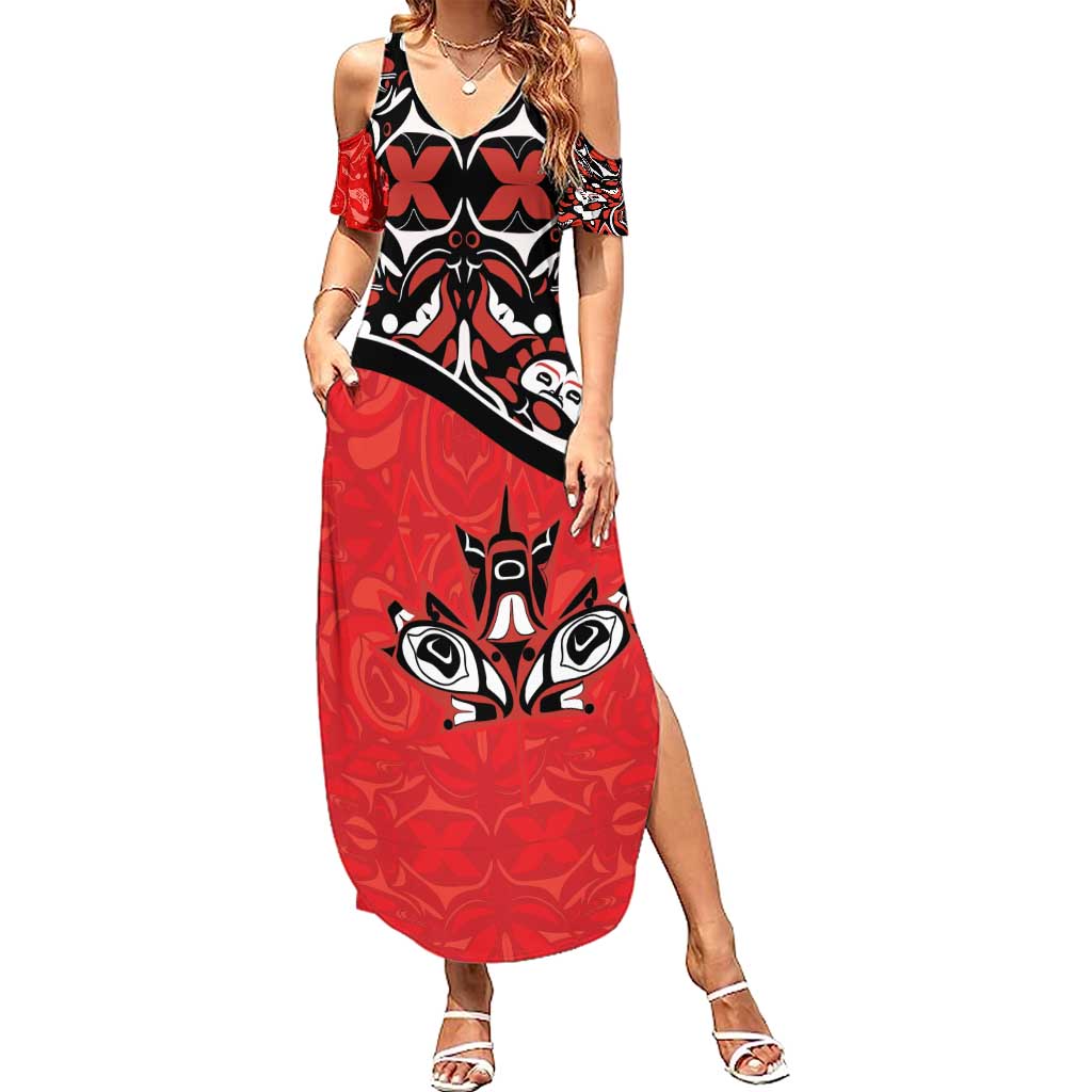 Canada Day Summer Maxi Dress Haida Maple Leaf Style Tattoo Red - Wonder Print Shop