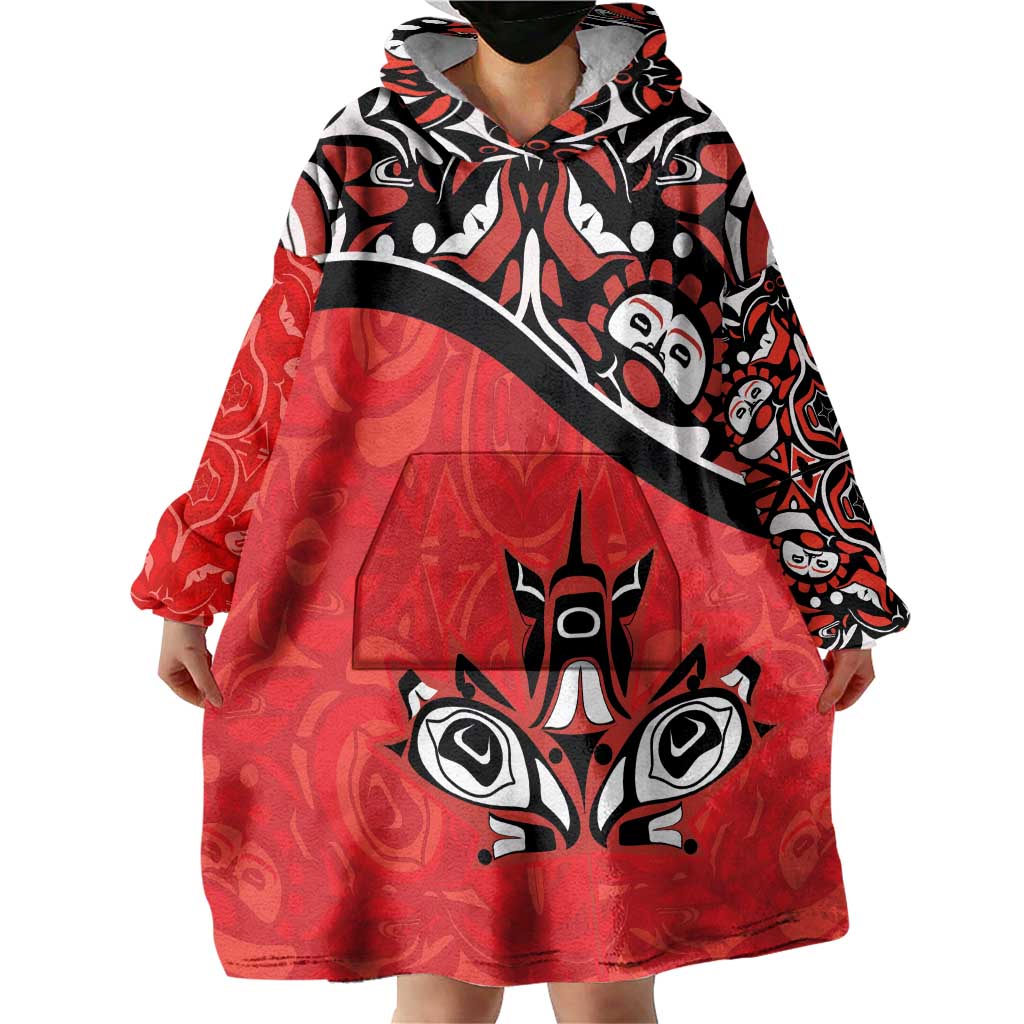 Canada Day Wearable Blanket Hoodie Haida Maple Leaf Style Tattoo Red - Wonder Print Shop